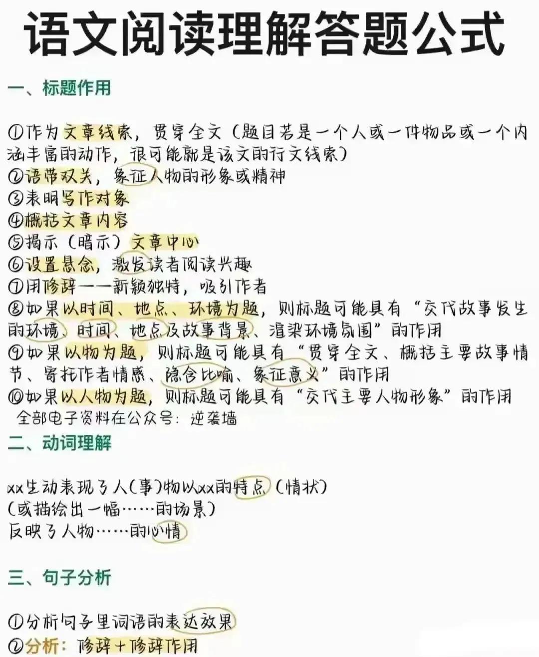 语文老师建议必背的阅读理解万能公式
